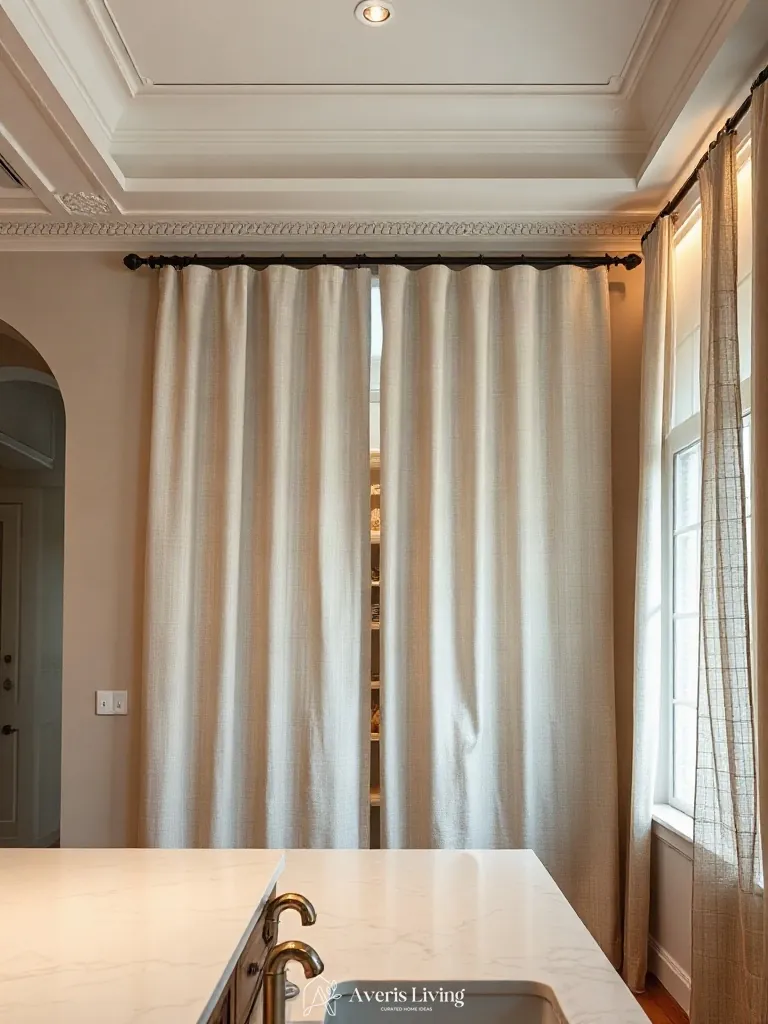 Linen drapes concealing affordable kitchen storage with soft texture