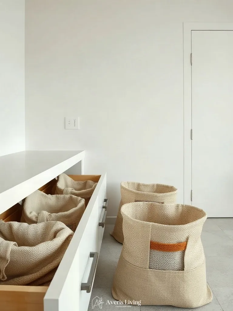 Linen textiles lining under sink storage solutions kitchen drawers.