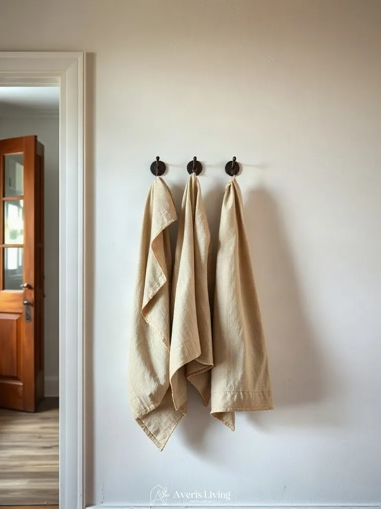 Linen textiles integrated into vintage kitchen wall decor