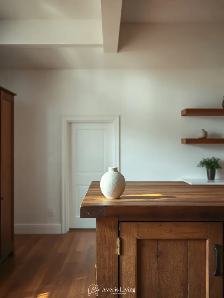 Accent table lamp lighting on the edge of a rustic wood kitchen island.