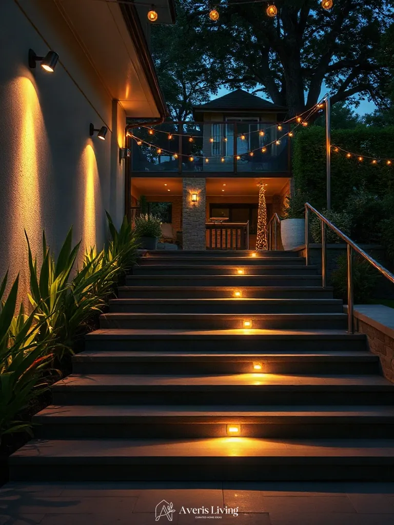 Low-voltage stair lighting complementing backyard string lights
