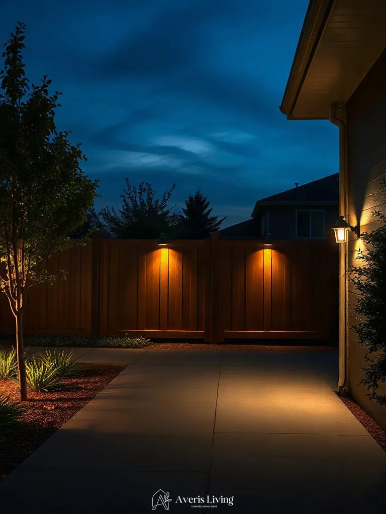 Low-voltage landscape lighting on backyard privacy fence