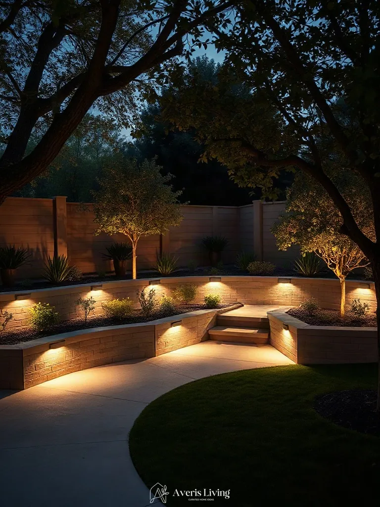 Low-voltage lighting on retaining wall