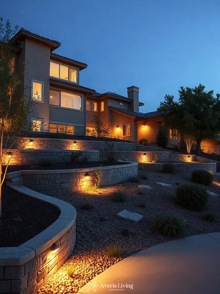 Low-voltage evening illumination highlighting a backyard retaining wall