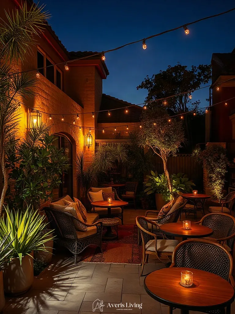Soft low-voltage garden lighting adding evening drama to boho patio seating ideas.