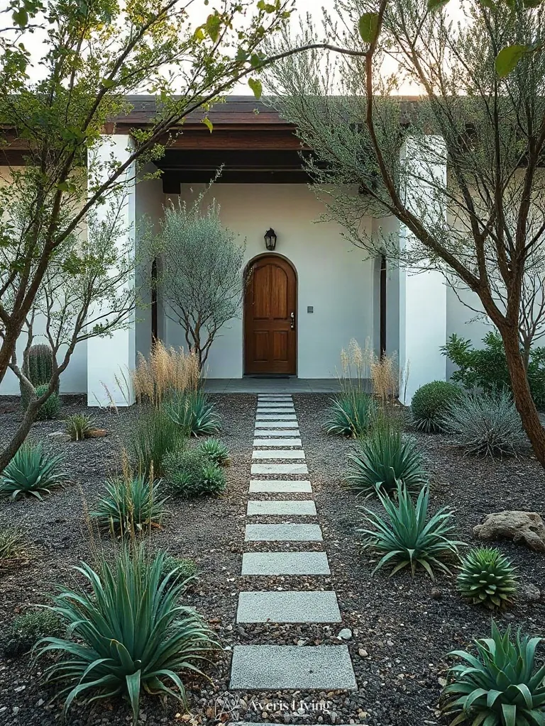 Ornamental grasses softening the edges of a drought-tolerant garden pathway