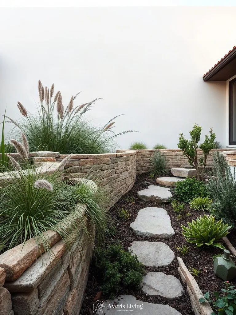 Lush contrasting plantings and ornamental grasses softening retaining wall edges