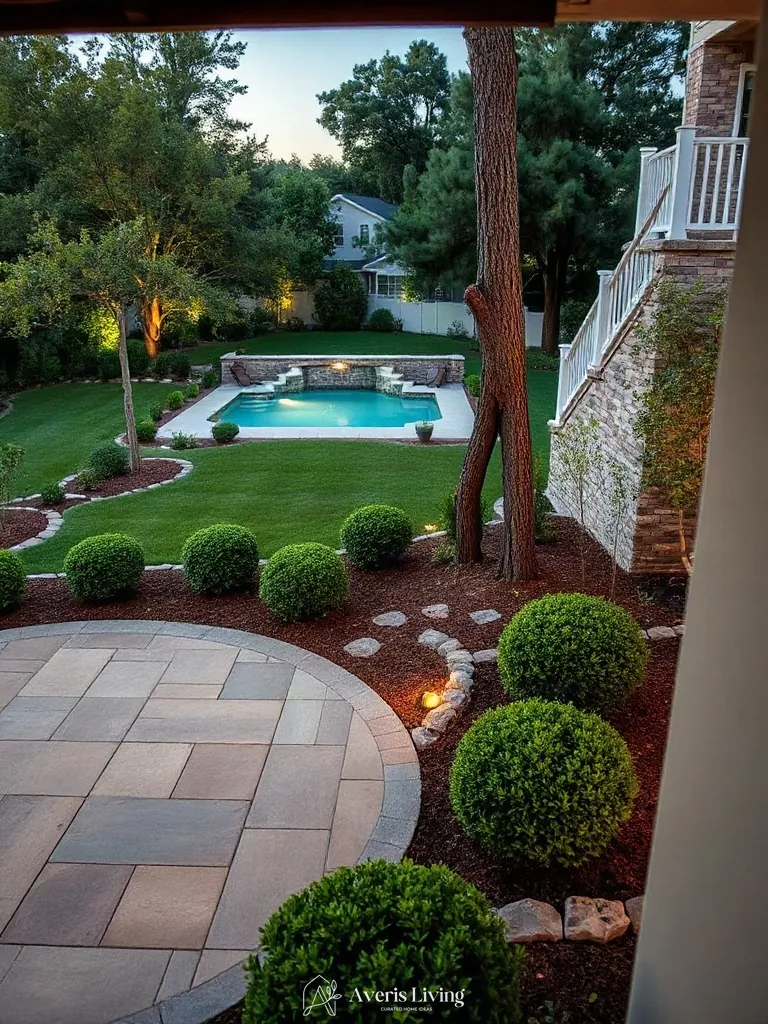 Lush manicured lawn and neat boxwood plantings framing stone patio