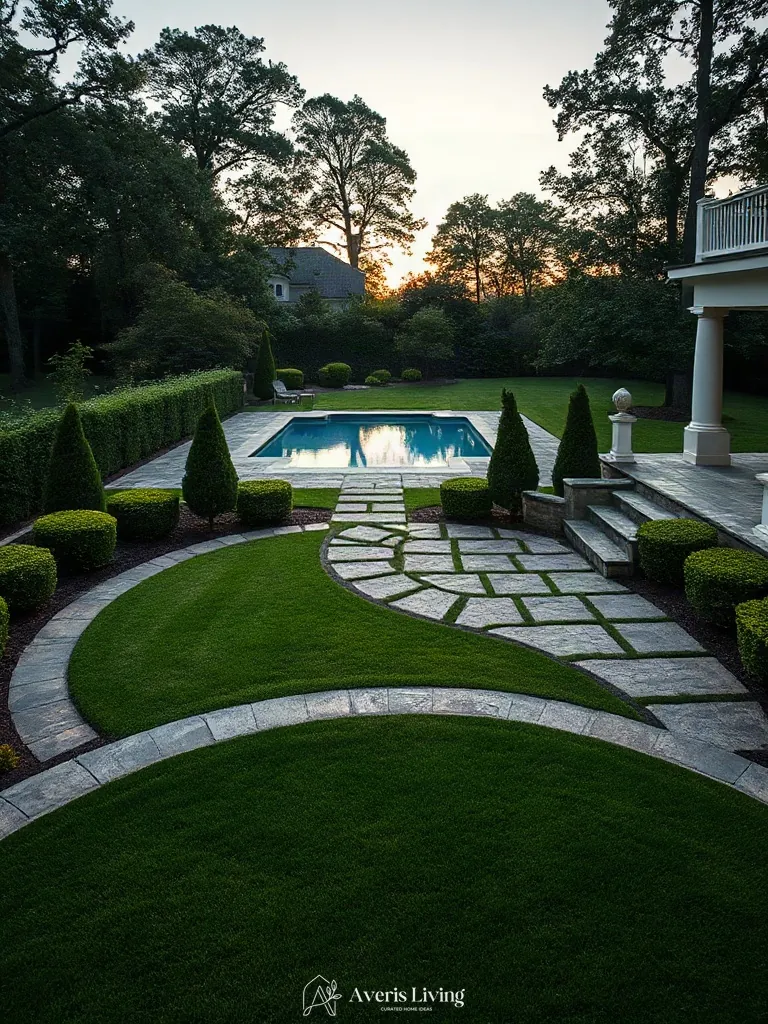 Lush manicured lawn and boxwood plantings framing a luxury backyard shed before and after