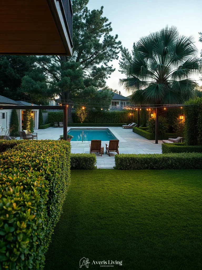 Lush manicured lawn and boxwood plantings framing patio in boho privacy fence makeover