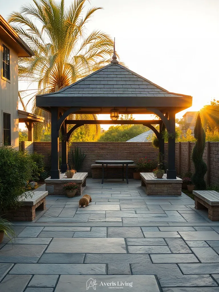 Main focal gathering space featuring a backyard gazebo