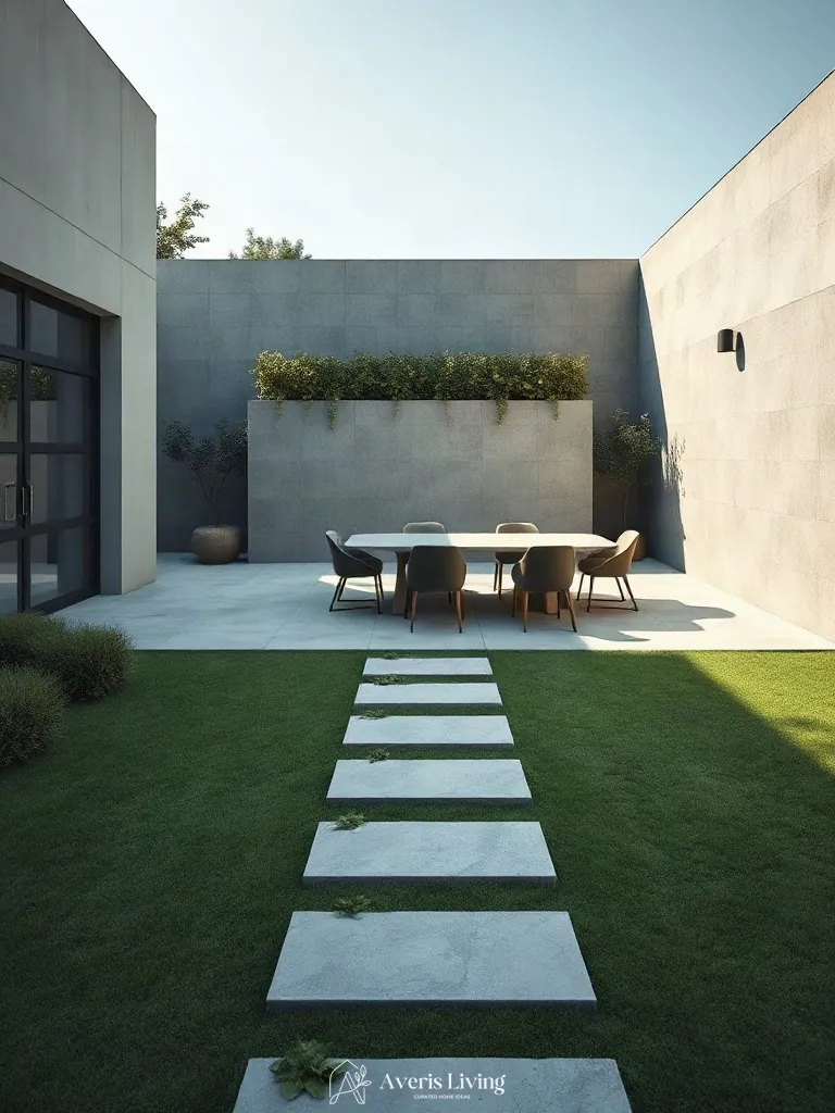 Modern backyard stepping stones design anchoring a central gathering patio