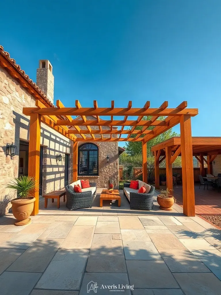 Grand outdoor gathering space centered around boho patio seating ideas.