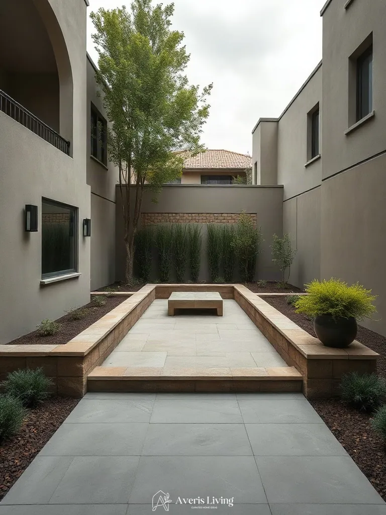 Focal gathering space framed by retaining walls