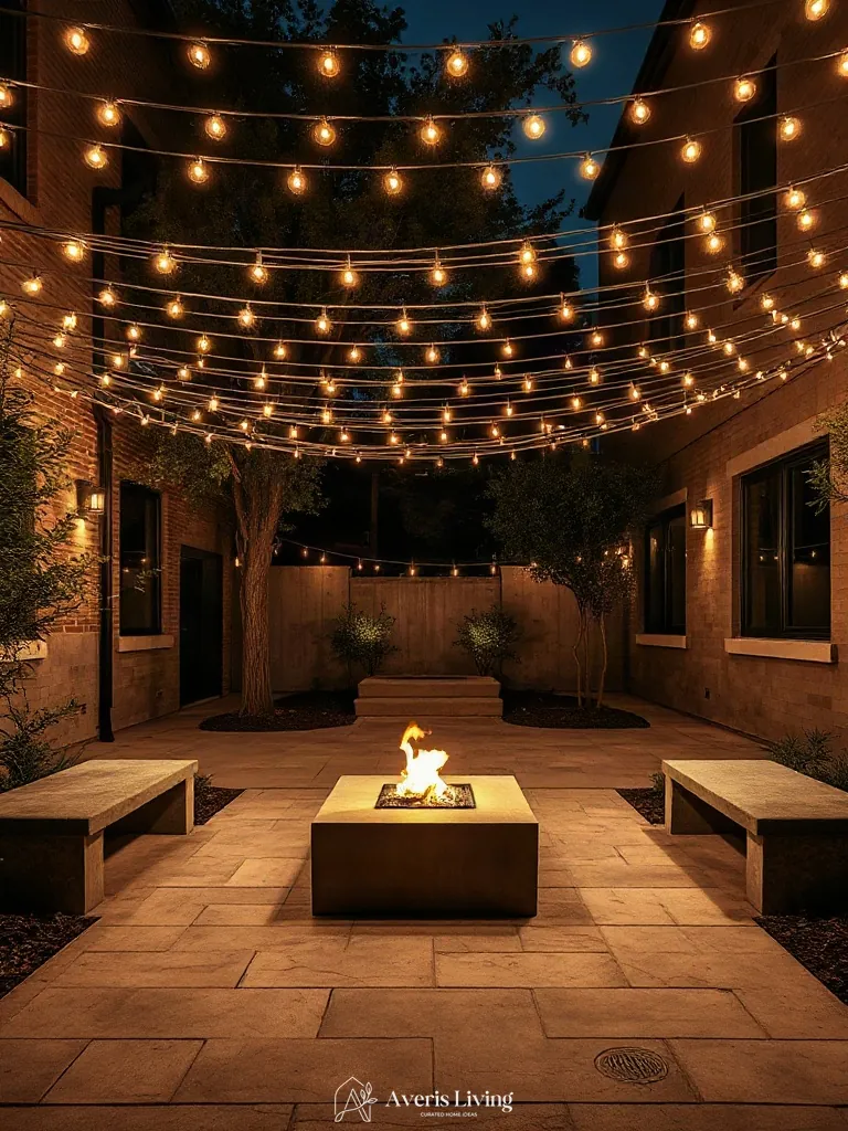 Sunken courtyard gathering space beneath string lights