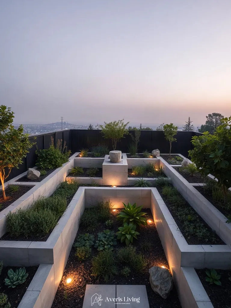 Multi-tiered terrace elevation transitions in a no grass backyard vegetable garden layout