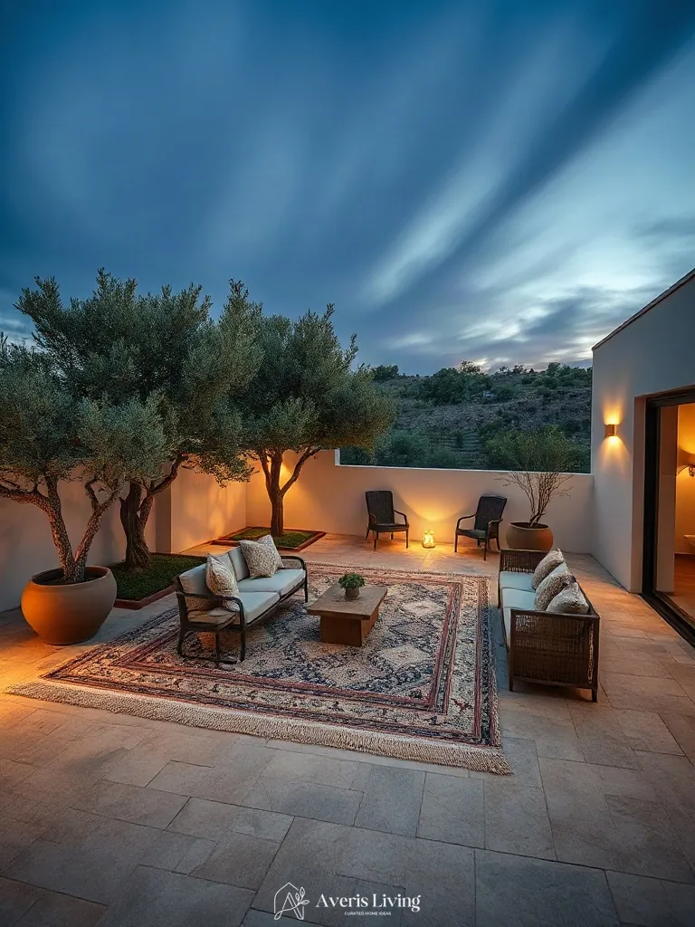 Elevated view of a patio zoned with an outdoor rug boho style