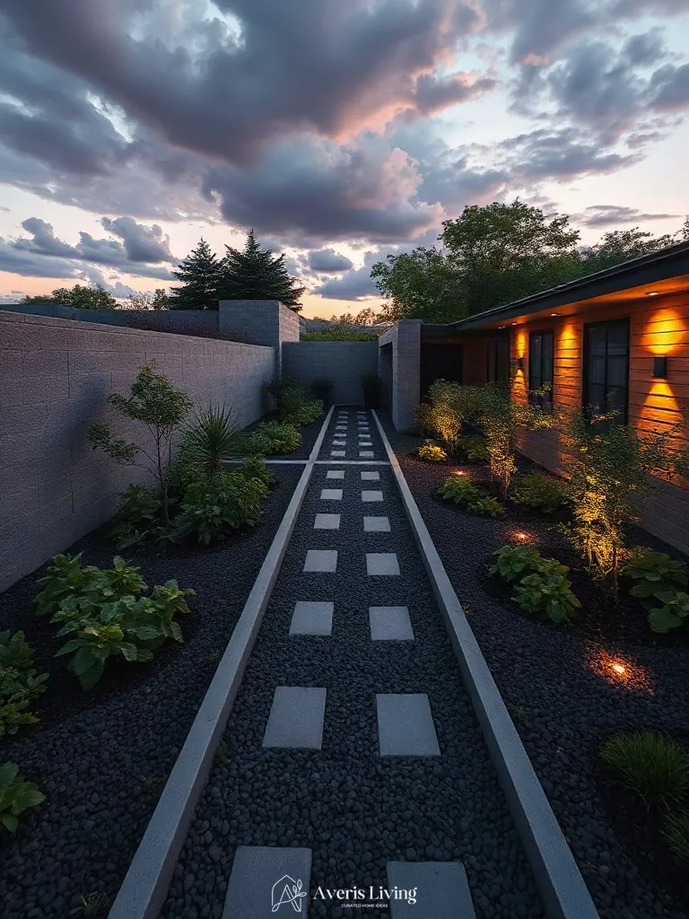 Elevated spatial overview of a modern no grass backyard vegetable garden layout with clean functional zones