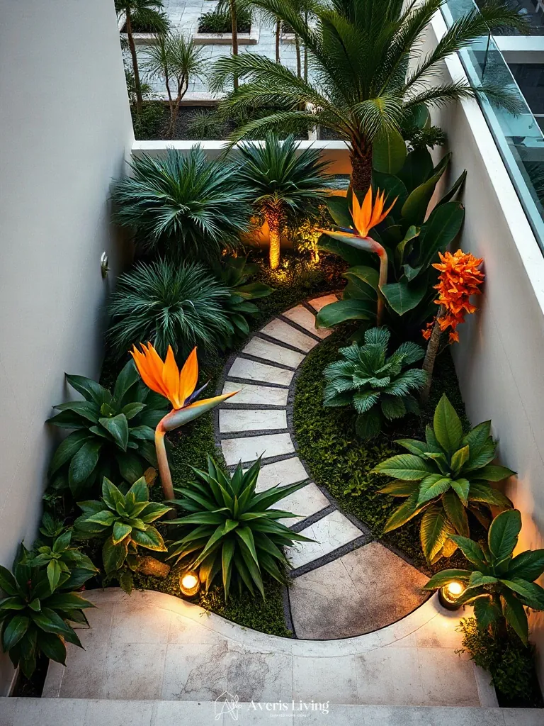 Elevated view of tropical backyard flower bed design inspiration with curving stone paths