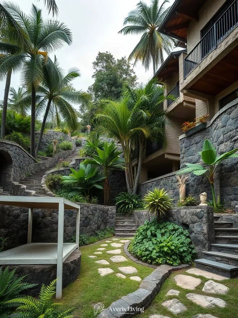 Multi-level terrain grading with tropical retaining walls