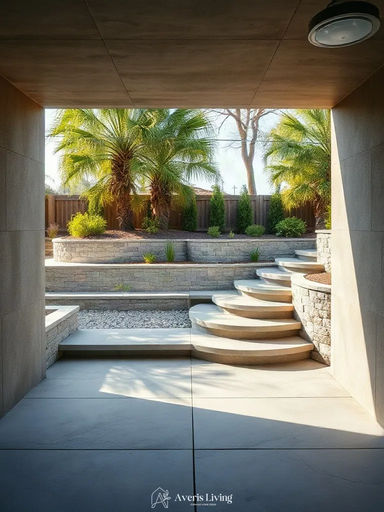 Multi-textural hardscape combinations in a custom backyard retaining wall