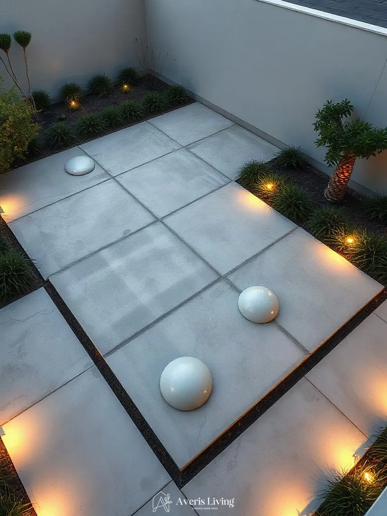 Balanced spatial proportions in a modern low maintenance backyard landscaping plan.