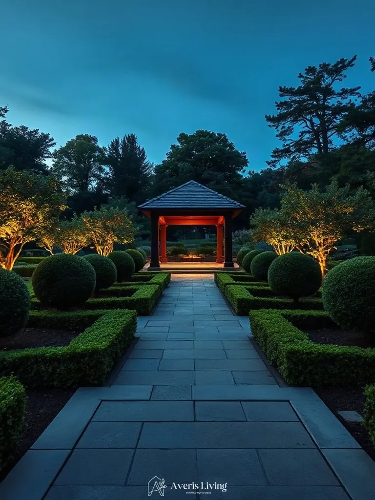 Spatial flow and architectural sightlines leading to a backyard gazebo