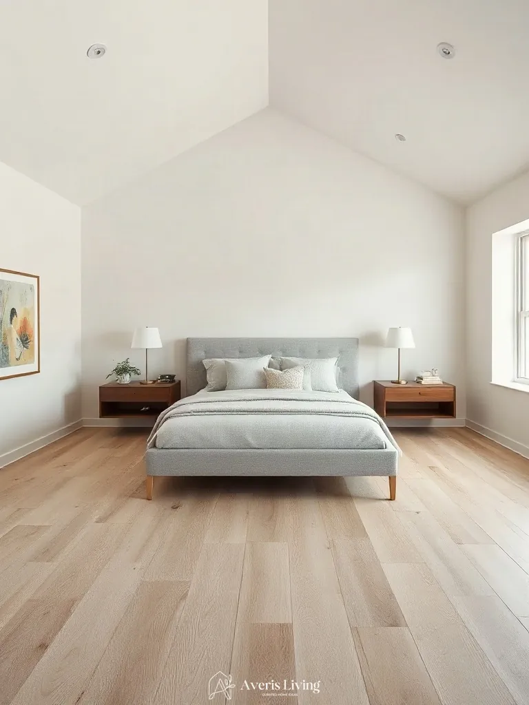 Spacious bedroom layout featuring neutral farmhouse bedding sets and balanced furniture flow
