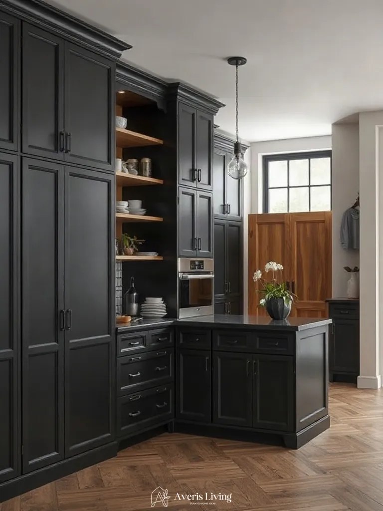 Matte black and natural wood contrast in affordable kitchen storage design