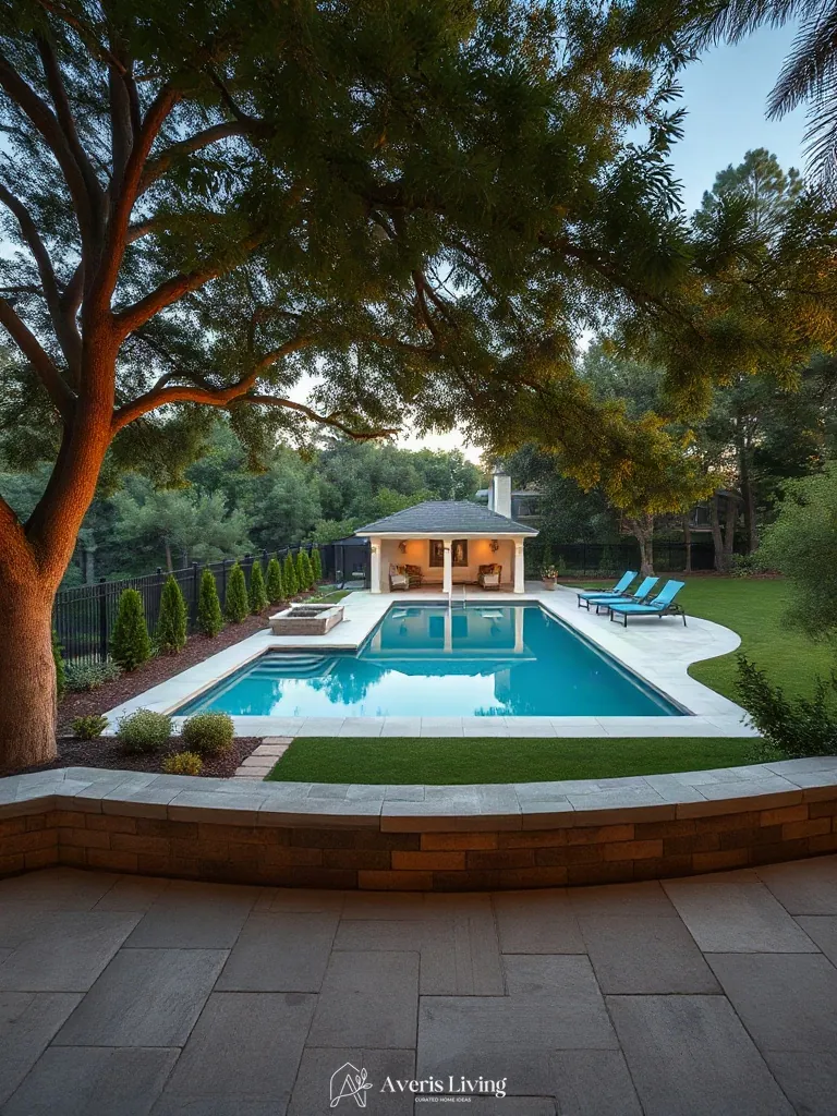 Mature tree canopy and pool setting for a luxury backyard shed before and after
