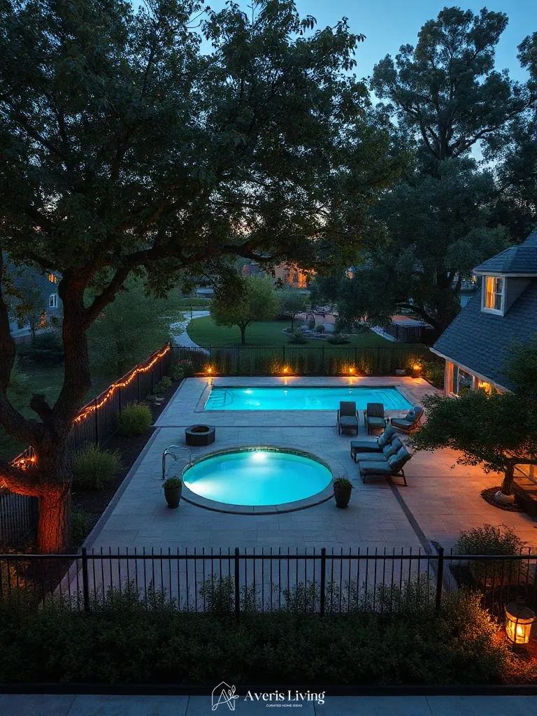 Mature tree canopy, privacy fence, and swimming pool in boho backyard privacy fence makeover