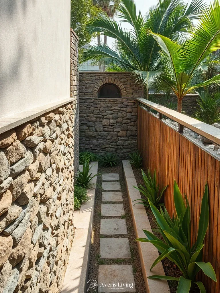 Mineral textures and stacked slate in a tropical backyard herb garden before and after