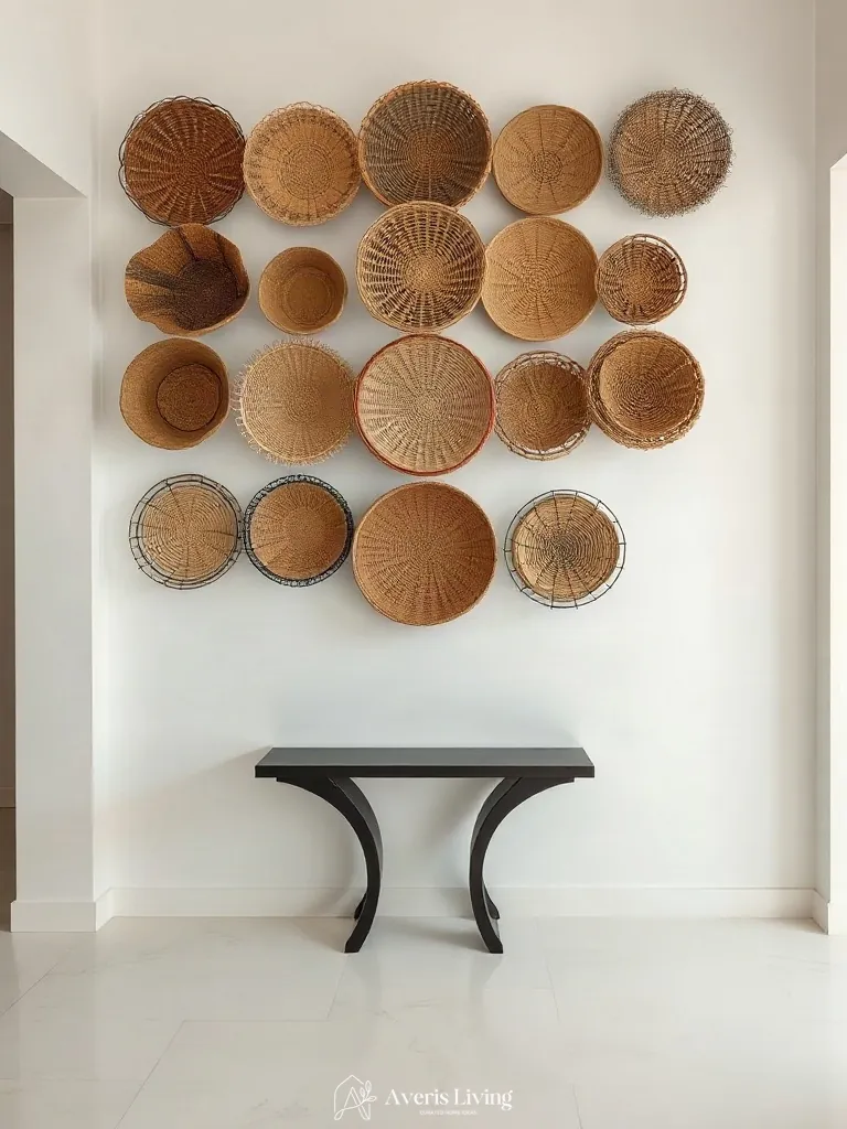 Minimalist console table placed below a woven basket wall display.