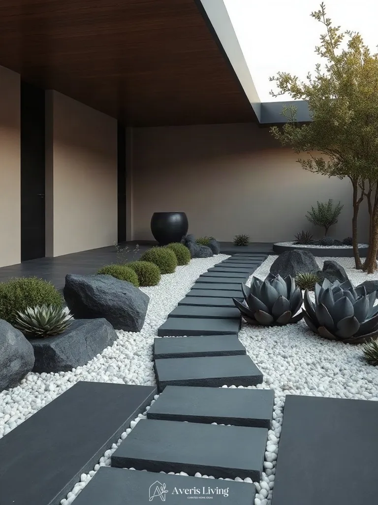 Minimalist greenery accenting a backyard stepping stone layout