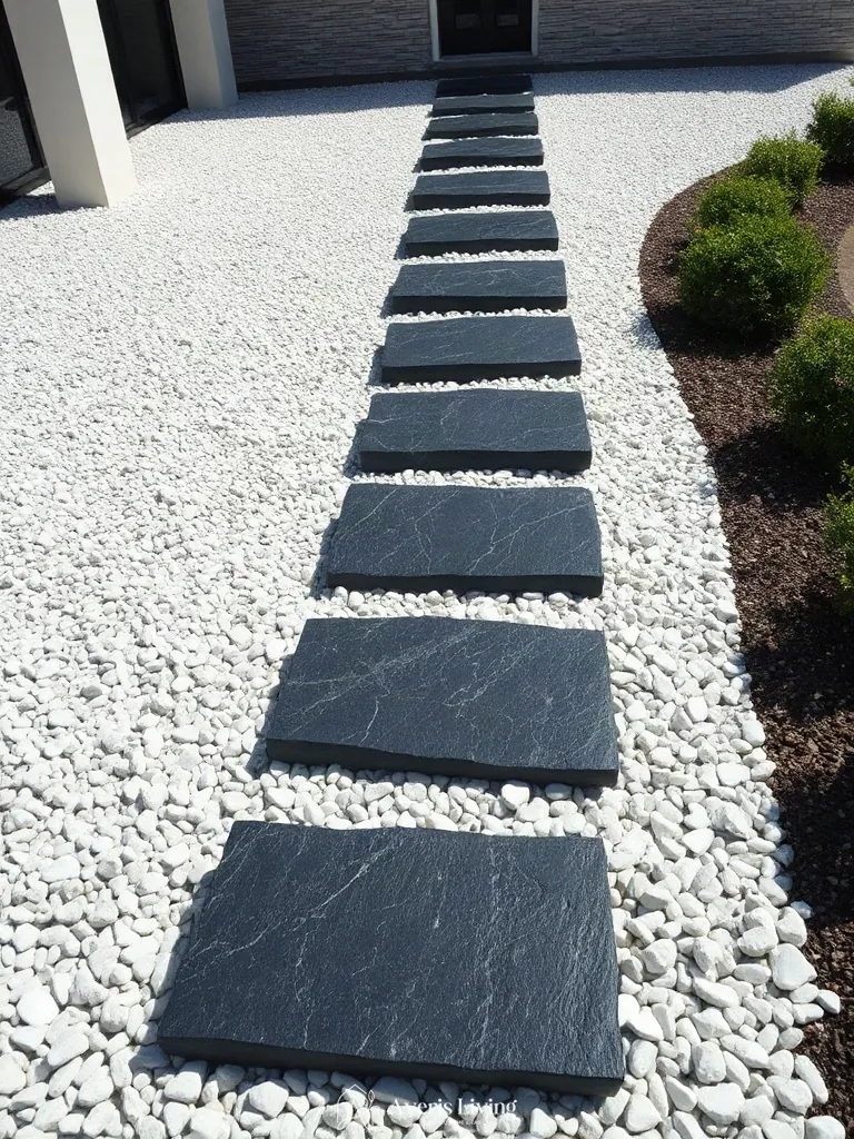 Dark basalt stepping stones contrasting with white aggregate gravel