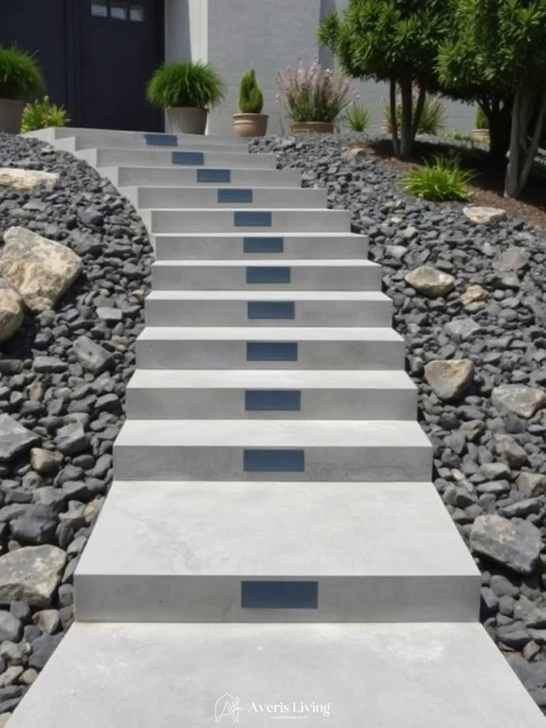 Monolithic concrete pavers in a modern backyard stepping stones makeover