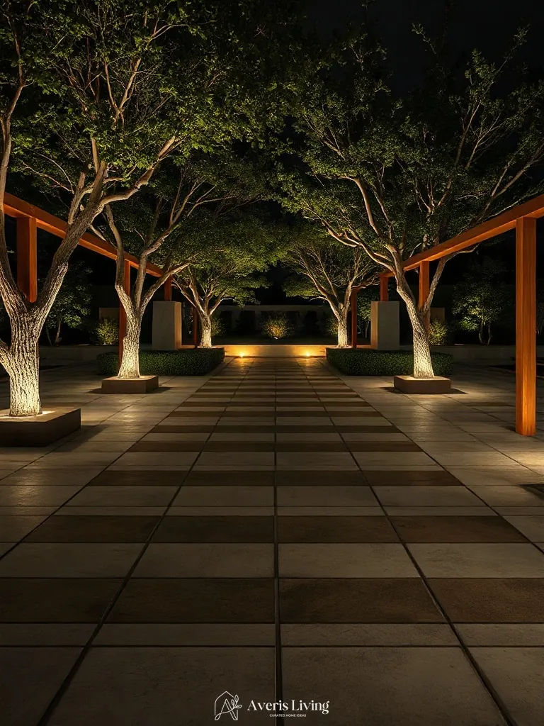 Moonlighting effect cast over stone pavers in a backyard