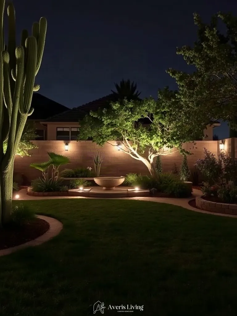 Moonlighting effect on a backyard stone retaining wall