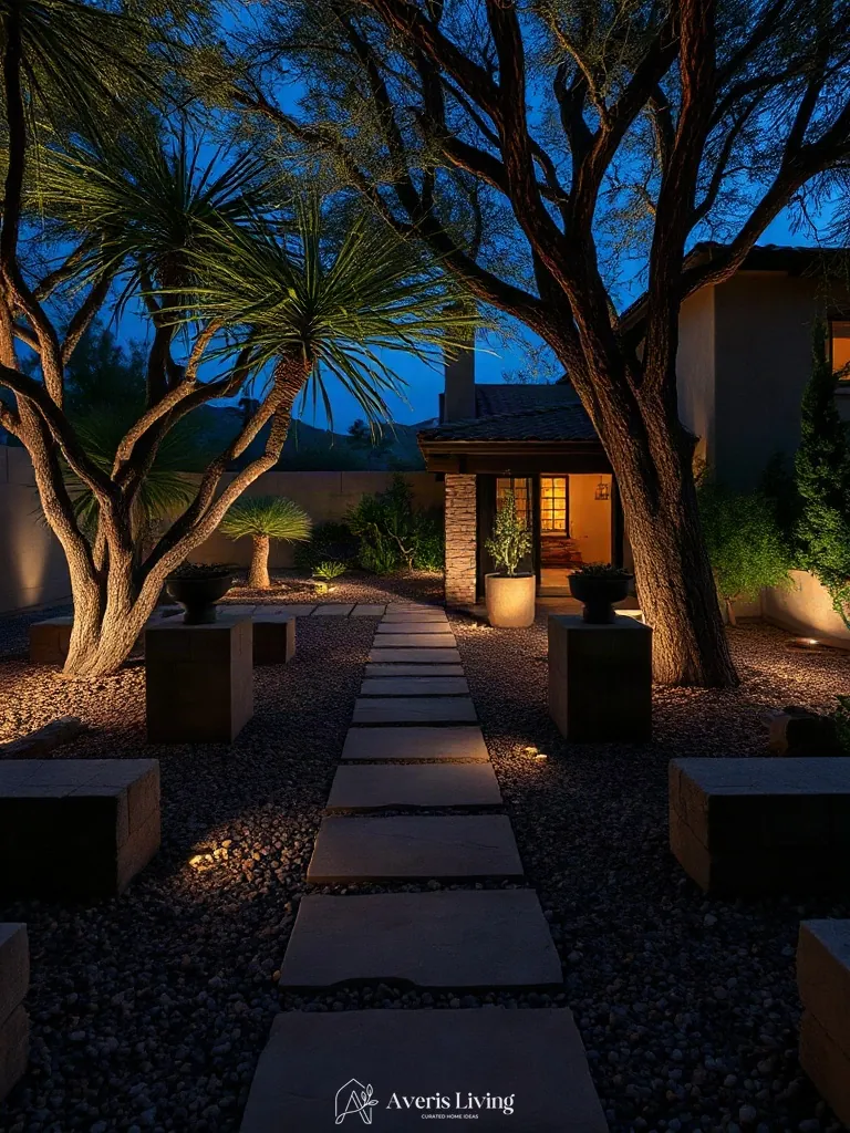 Moonlighting effect cast over drought tolerant stone walkways