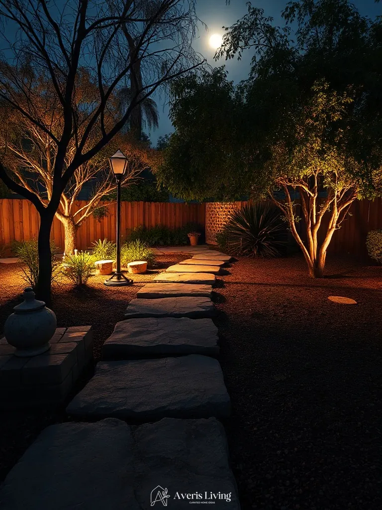 Moonlighting effects over shade backyard stepping stones before and after