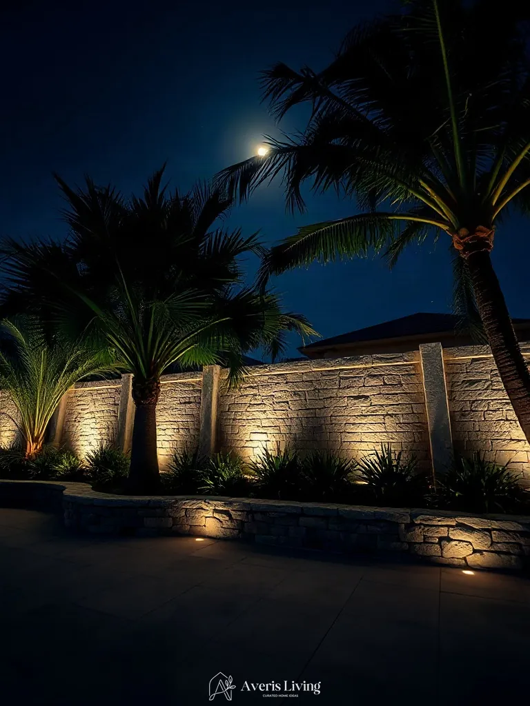 Moonlighting effect on a tropical backyard retaining wall