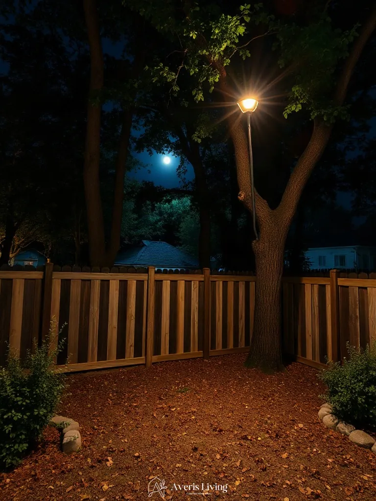 Moonlighting effect on backyard rustic fence