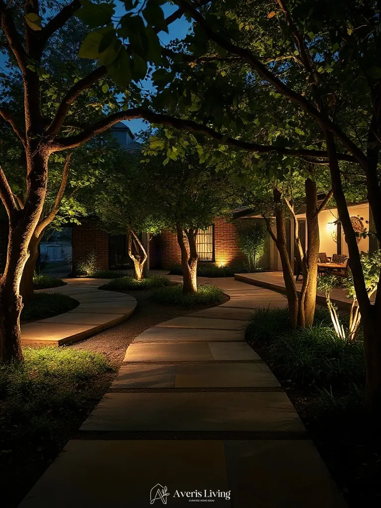 Moonlighting effect over a modern backyard stepping stones makeover