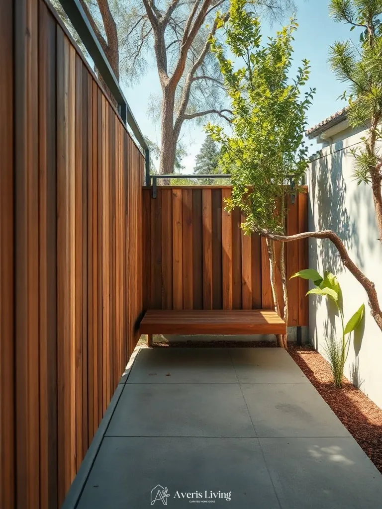 Built-in seating bench against aesthetic backyard privacy fence inspiration