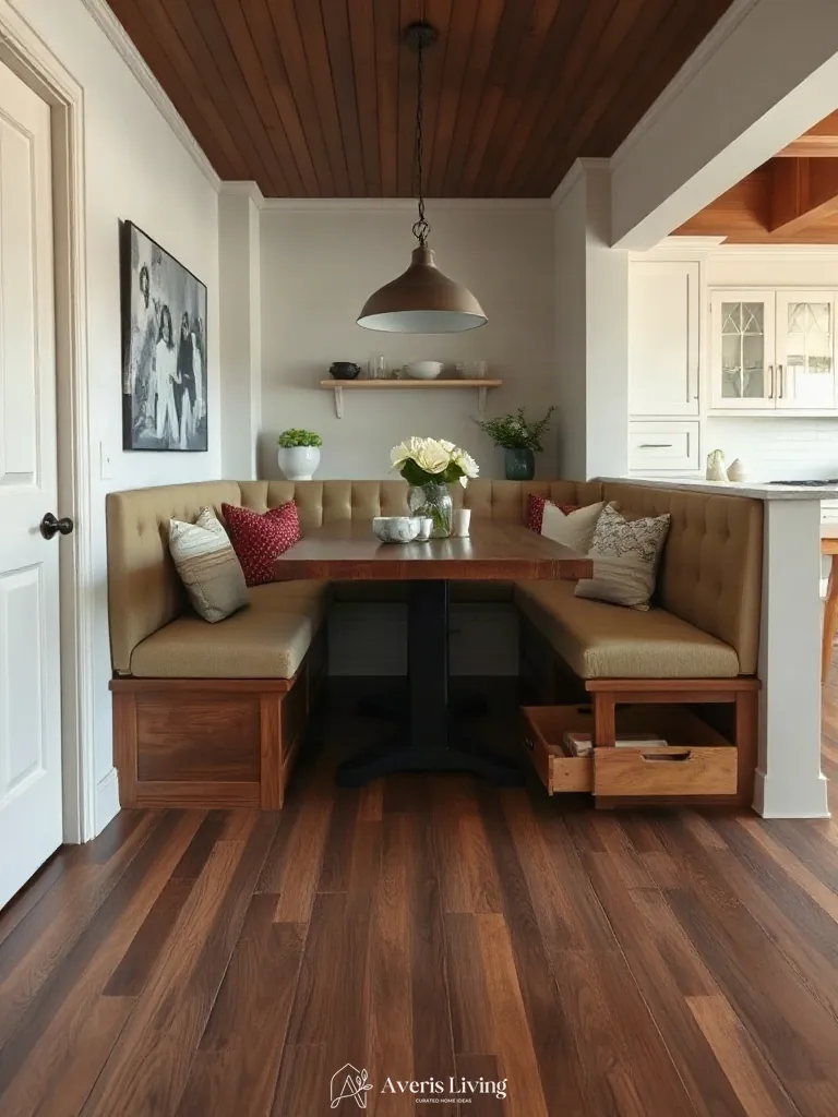 Multi-functional storage bench integrated into affordable kitchen layout