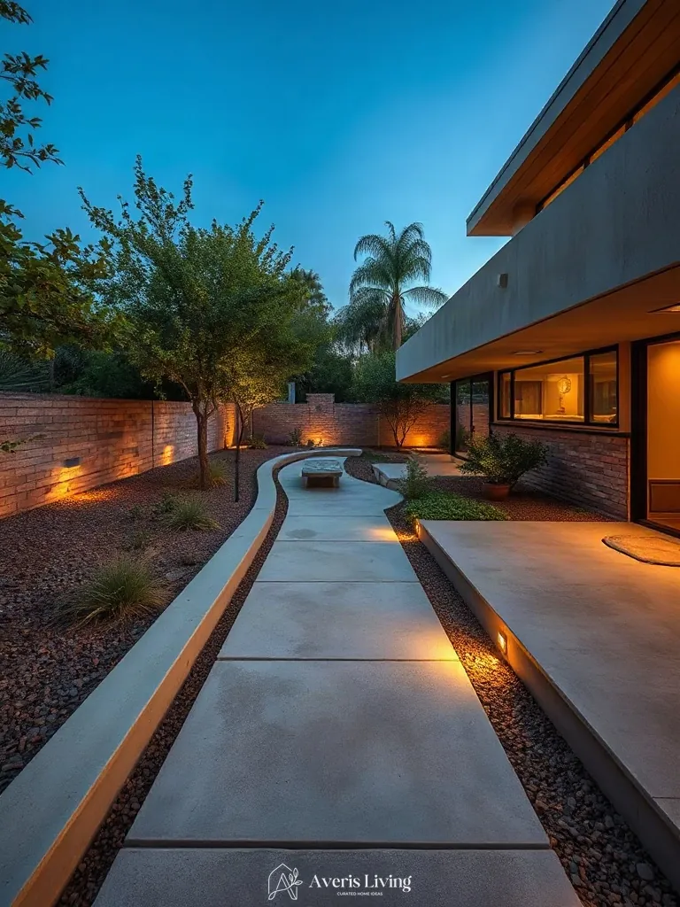 Multi-level elevation transitions along a modern drought-tolerant garden pathway