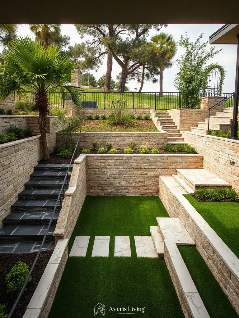 Multi-level elevation transitions and terrace steps in a backyard retaining wall design