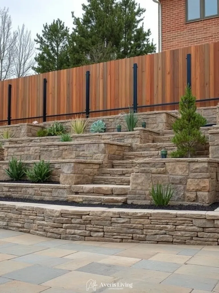 Multi-level backyard fence integrated with terraced stone walls
