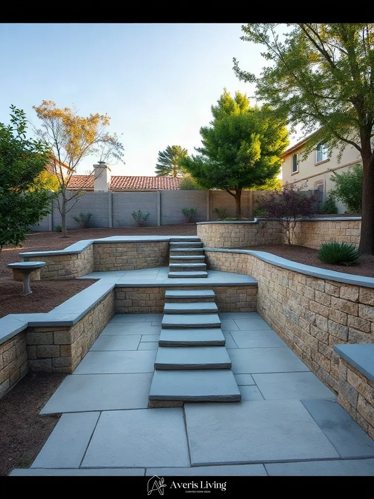 Multi-level backyard terrain anchored by stepping stone hardscaping