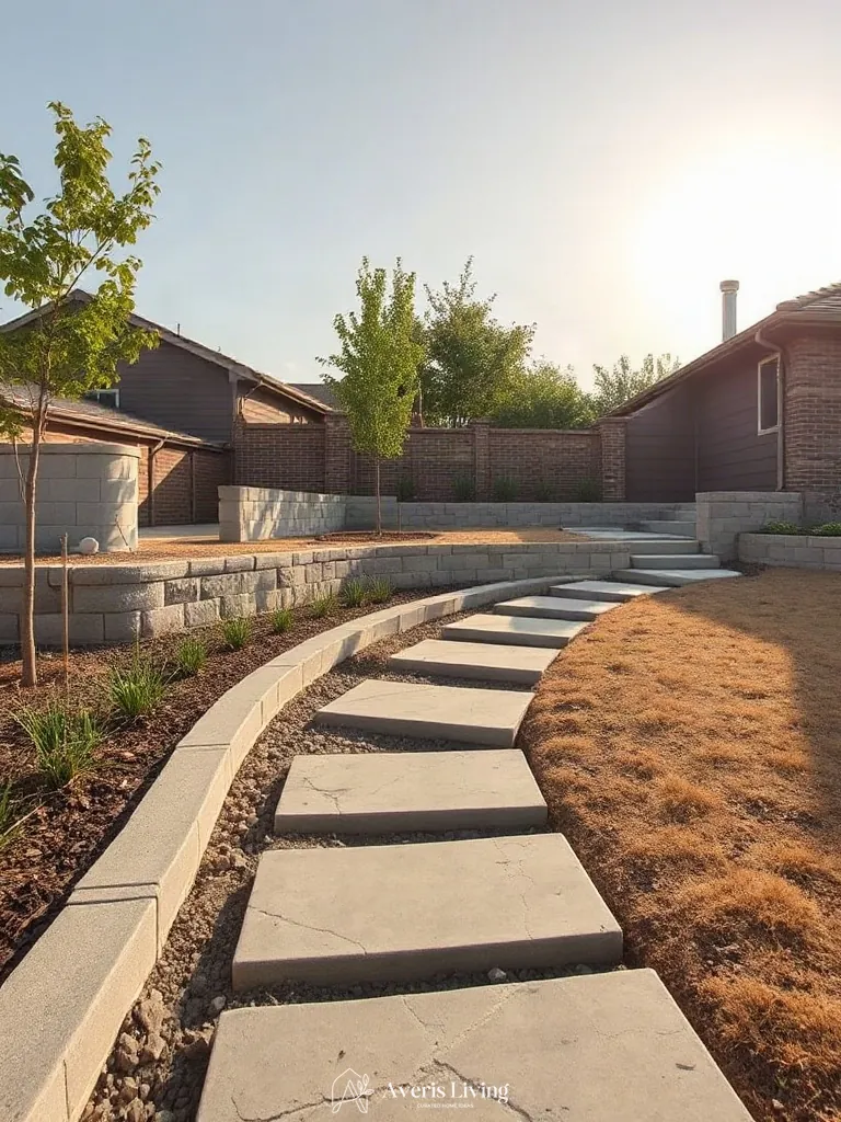 Multi-level terrain grading featuring a modern backyard stepping stones makeover